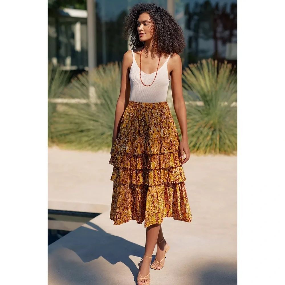 Anthropologie Floral A-Line Midi Skirt